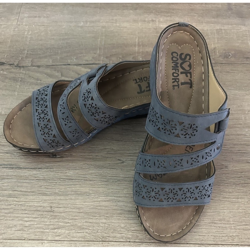 Soft Comfort Women's Blue Slide Sandals Wedge Comfort Stitched 8 Excellent